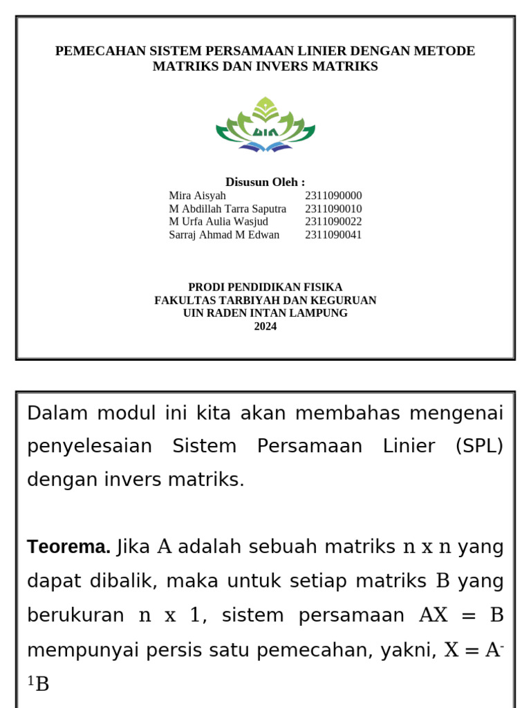 Makalah Pemecahan Sistem Persamaan Linier Dengan Metode Matriks Dan