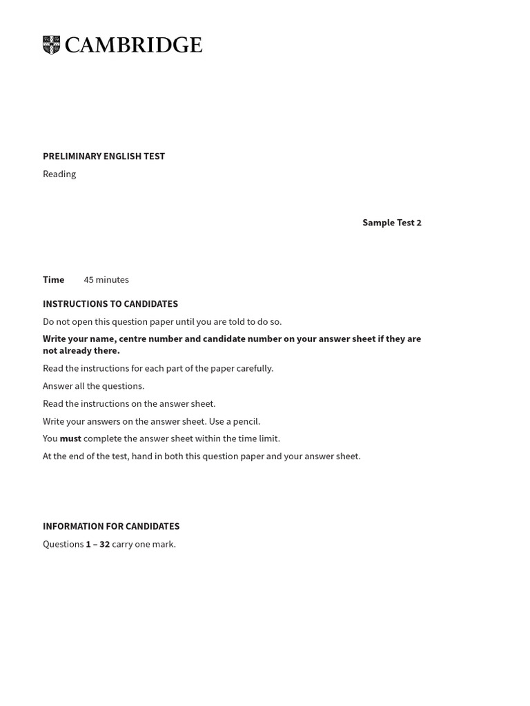 Reading Test Instructions and Content | PDF
