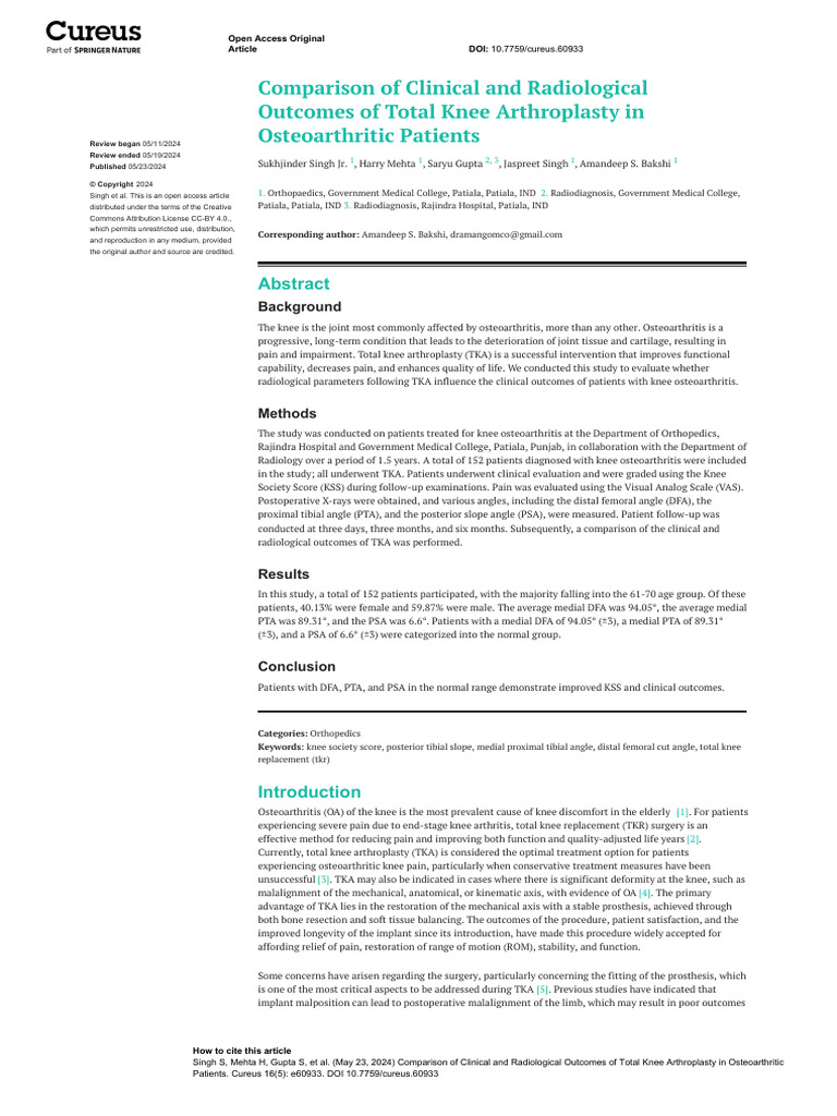 Comparison of Clinical and Radiological Outcomes o | PDF | Knee ...