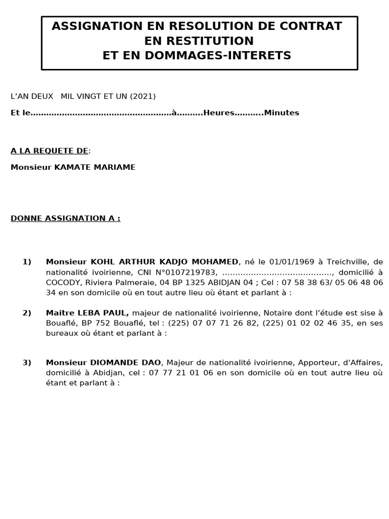 Assignation en Résolution de Contrat | PDF