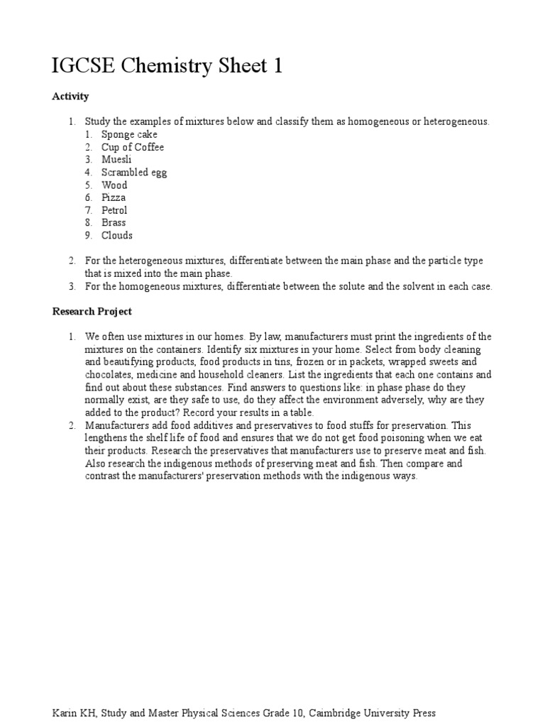 IGCSE Chemistry Sheet 1