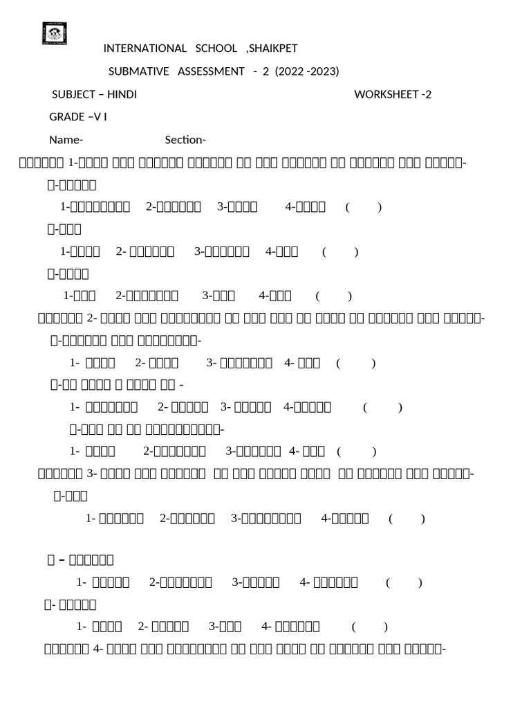 Class 6 TH (2022-23) S.A.-2 Worksheet-2 | PDF