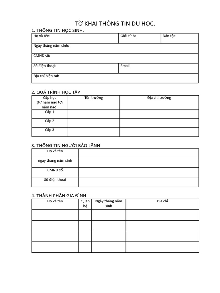 Tờ Khai Thông Tin Du Học | PDF