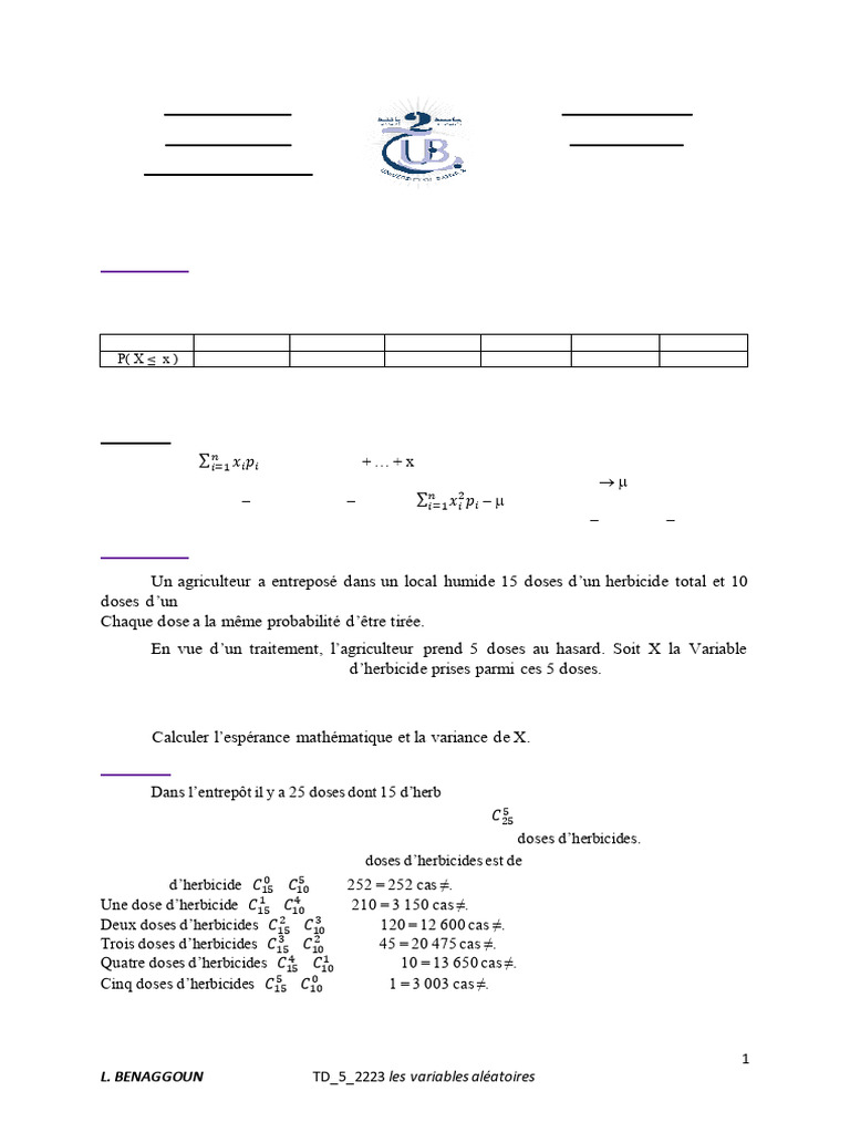 Corrige Type - td5 2223 | PDF | Variance (mathématiques) | Espérance ...