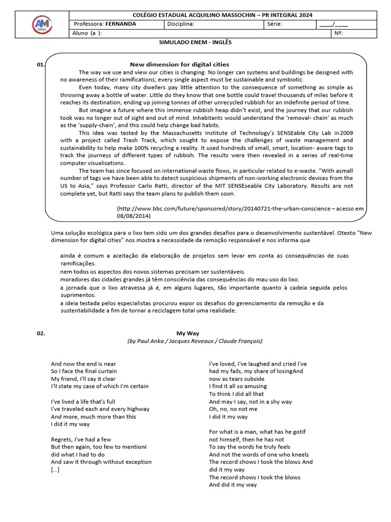 Simulado ENEM 2024: Questões de Inglês | PDF | Foreign Language Studies