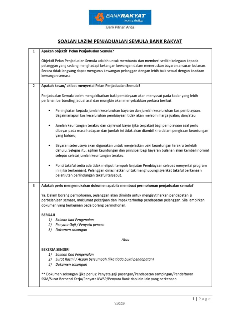 Borang Penjadualan Semula Bank Rakyat V1.2024 | PDF