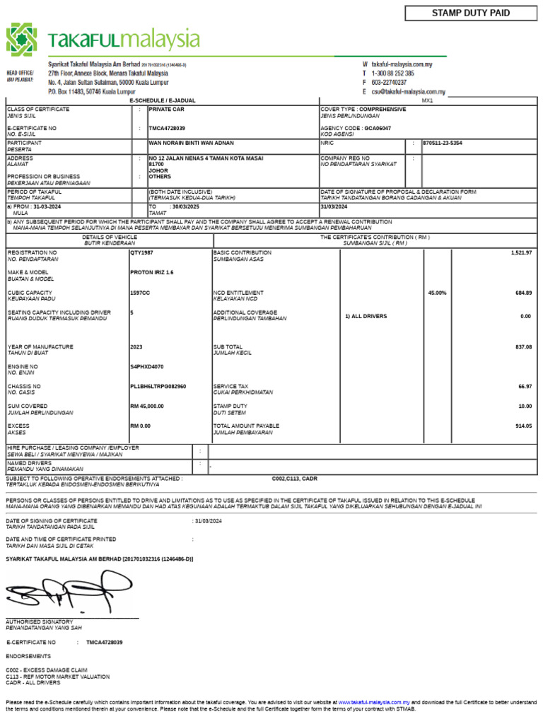 Comprehensive Takaful Certificate Details | PDF | Vehicles | Transport