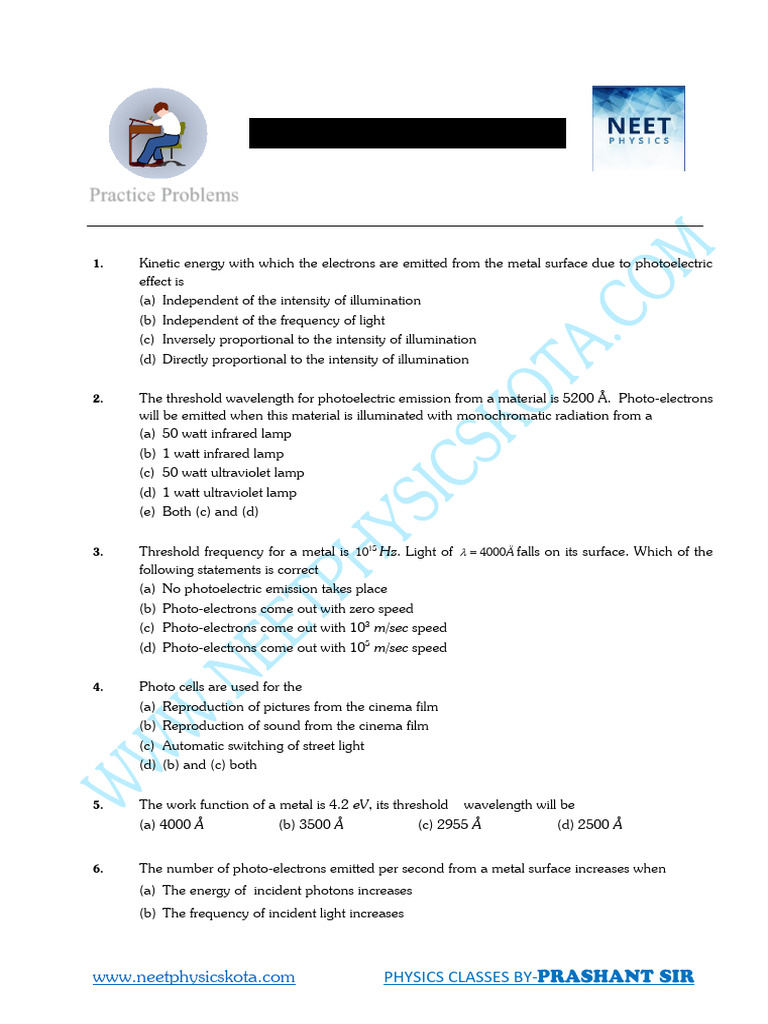 Photoelectric Effect Practice Problems | PDF | Photoelectric Effect ...
