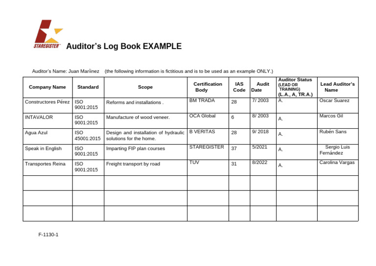 Auditor's Log Book Example F-1130 | PDF