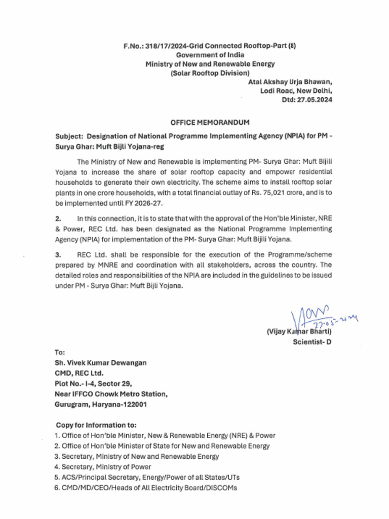 MNRE OM DTD 27.05.2024 NPIA Suryaghar REC | PDF