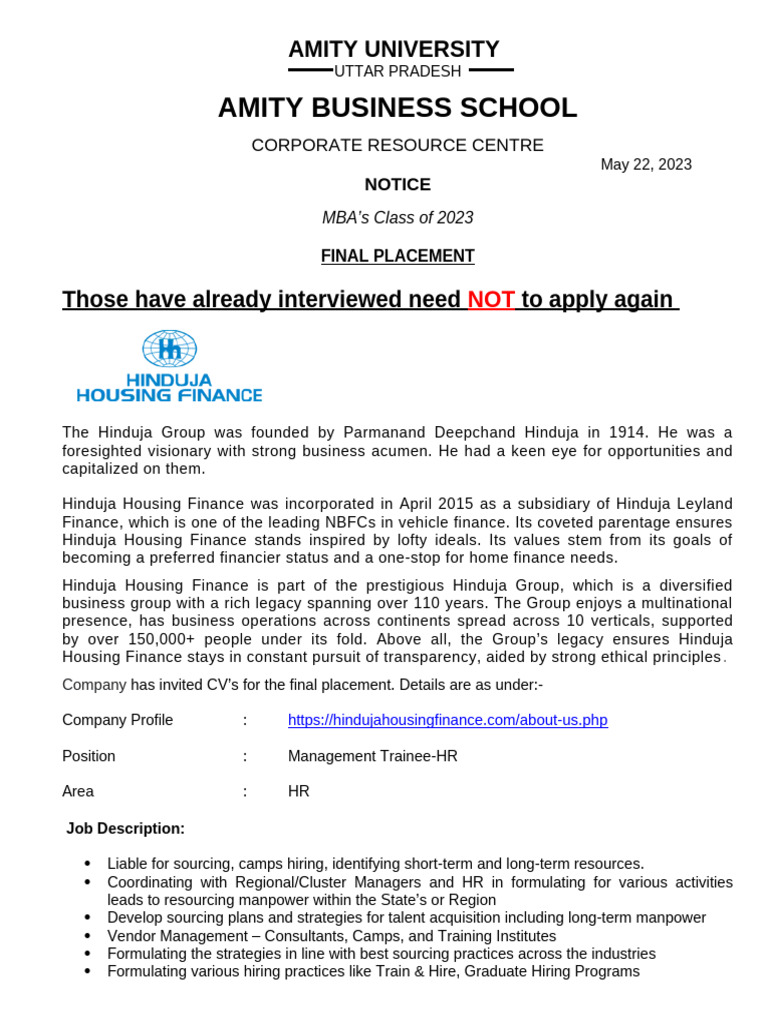 Hinduja Finance HR PDF Human Resources Business