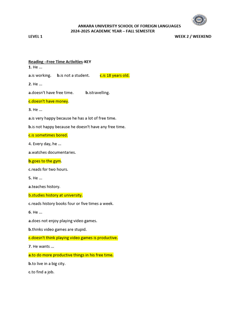 Weekend Handout - Reading About Free Time Ativities-Key | PDF