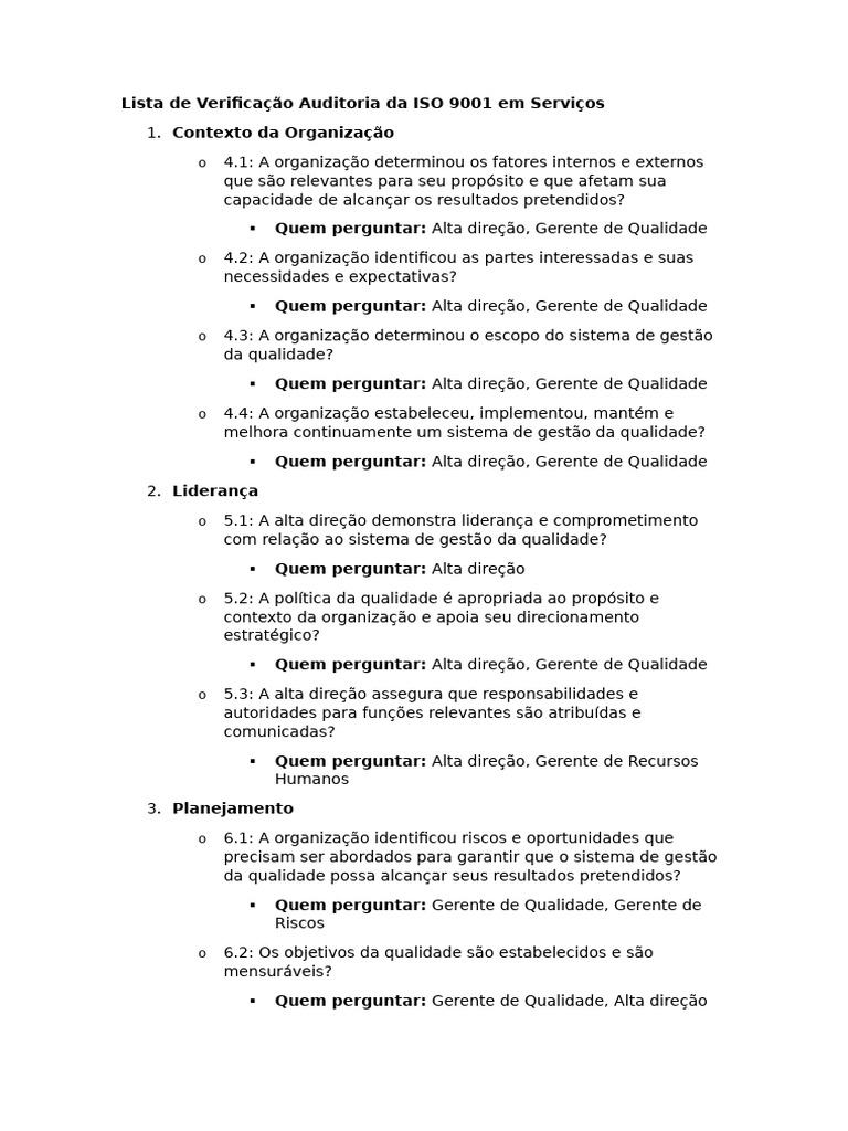 Auditoria ISO 9001: Checklist de Serviços | PDF | Qualidade (negócios ...