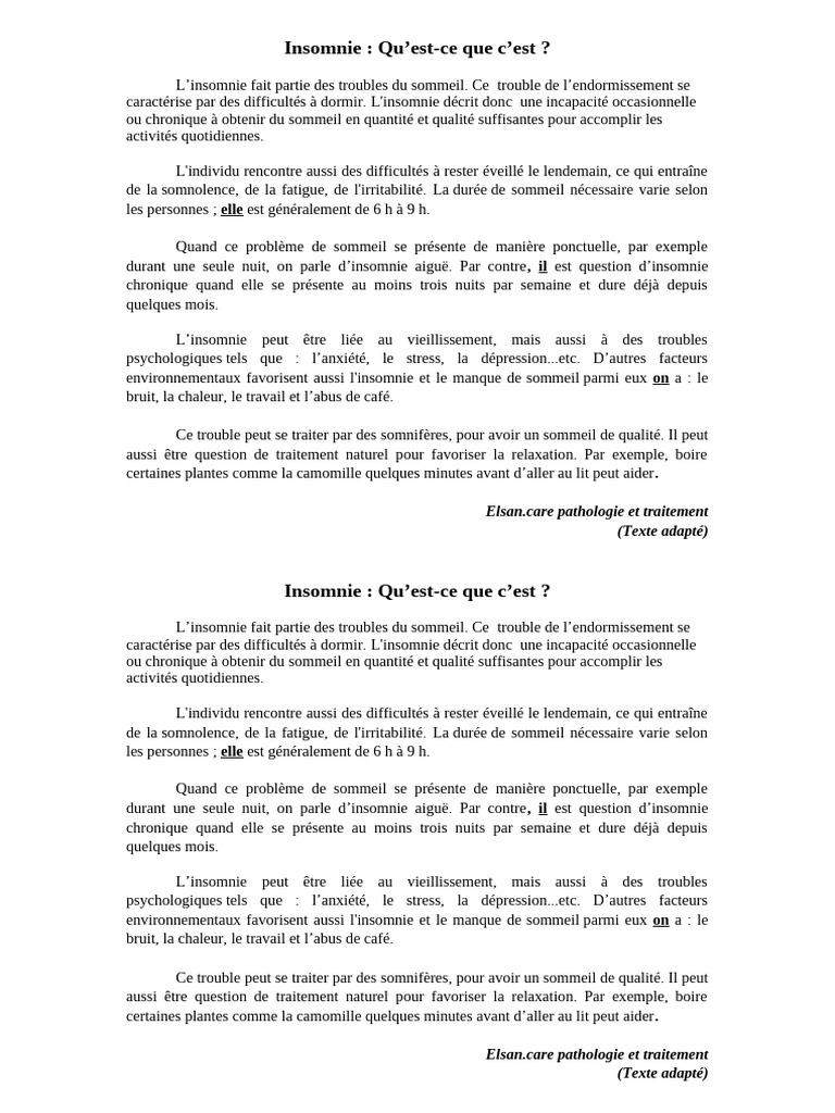 Insomnie 1as Texte | PDF | Insomnie | Sommeil