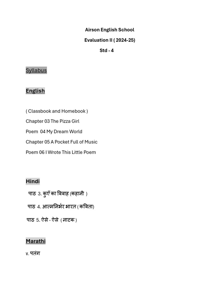 Std 4 Syllabus And Paper Pattern Pdf