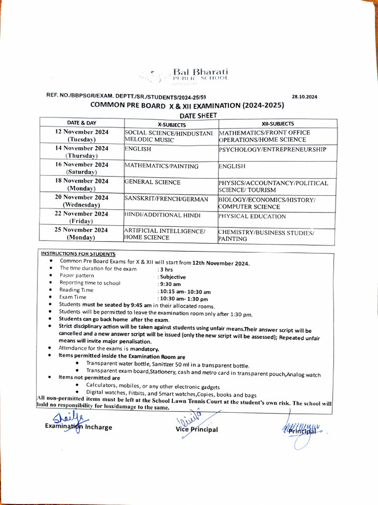 Common Pre Board Exam Schedule 2024-25 | PDF | Science