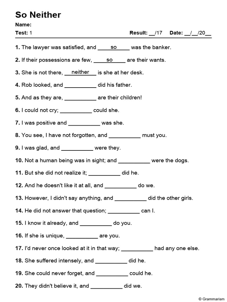 Grammarism So Neither Test 1 1195966 | PDF