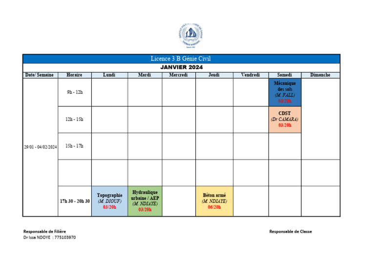 Emploi du temps Licence 3 Génie Civil | PDF