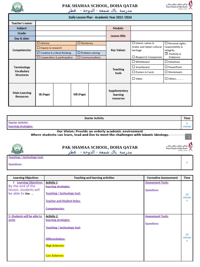 DLP 2023/2024 for Pak Shamaa School | PDF | Learning | Pedagogy