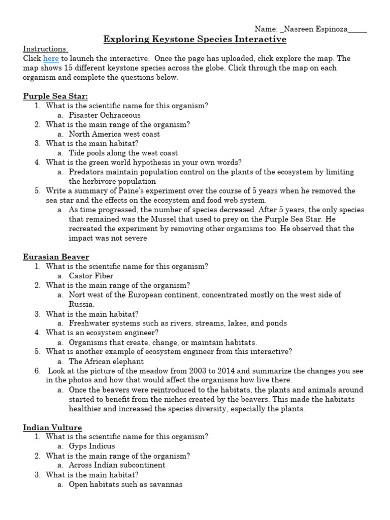 Exploring Keystone Species Worksheet PDF Habitat Systems Ecology