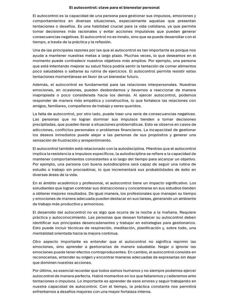 Autocontrol: Clave para el Bienestar Personal | PDF | Las emociones ...