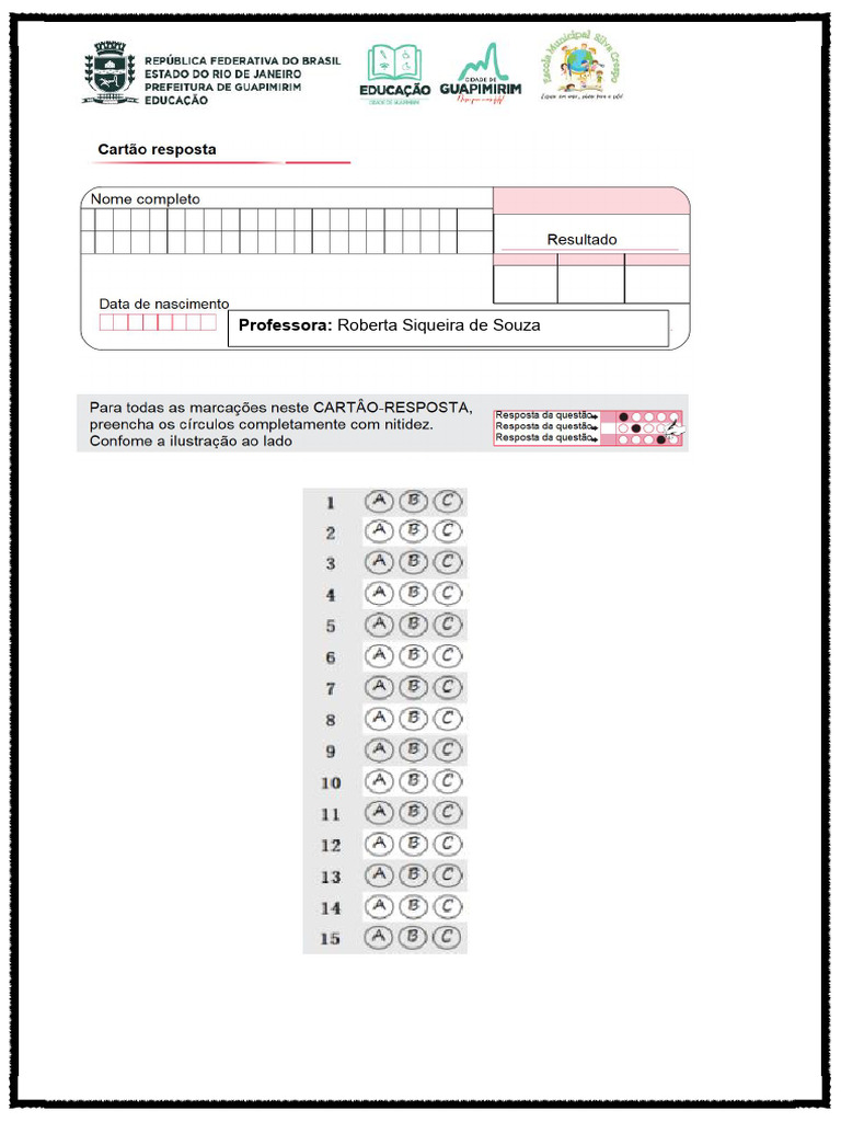 Cartão Resposta 15 Perguntas | PDF