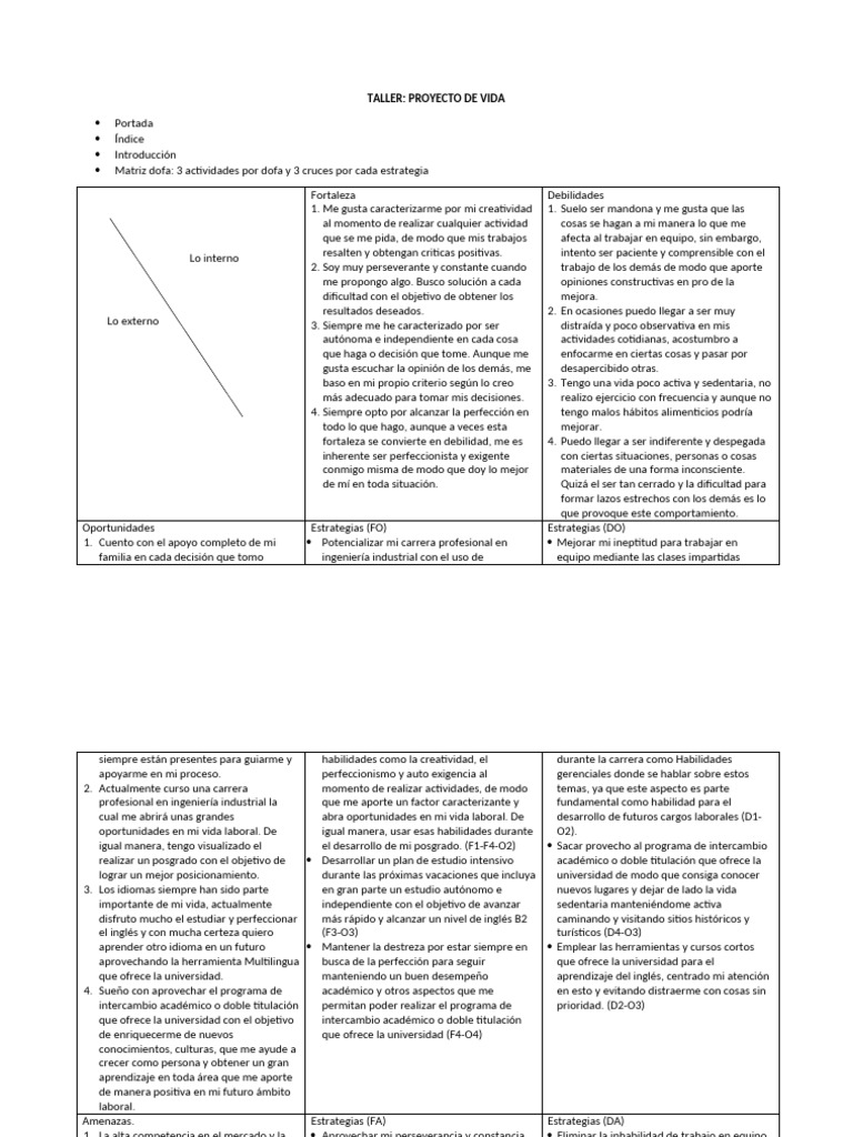TALLER PROYECTO DE VIDA | PDF | Felicidad | Análisis FODA