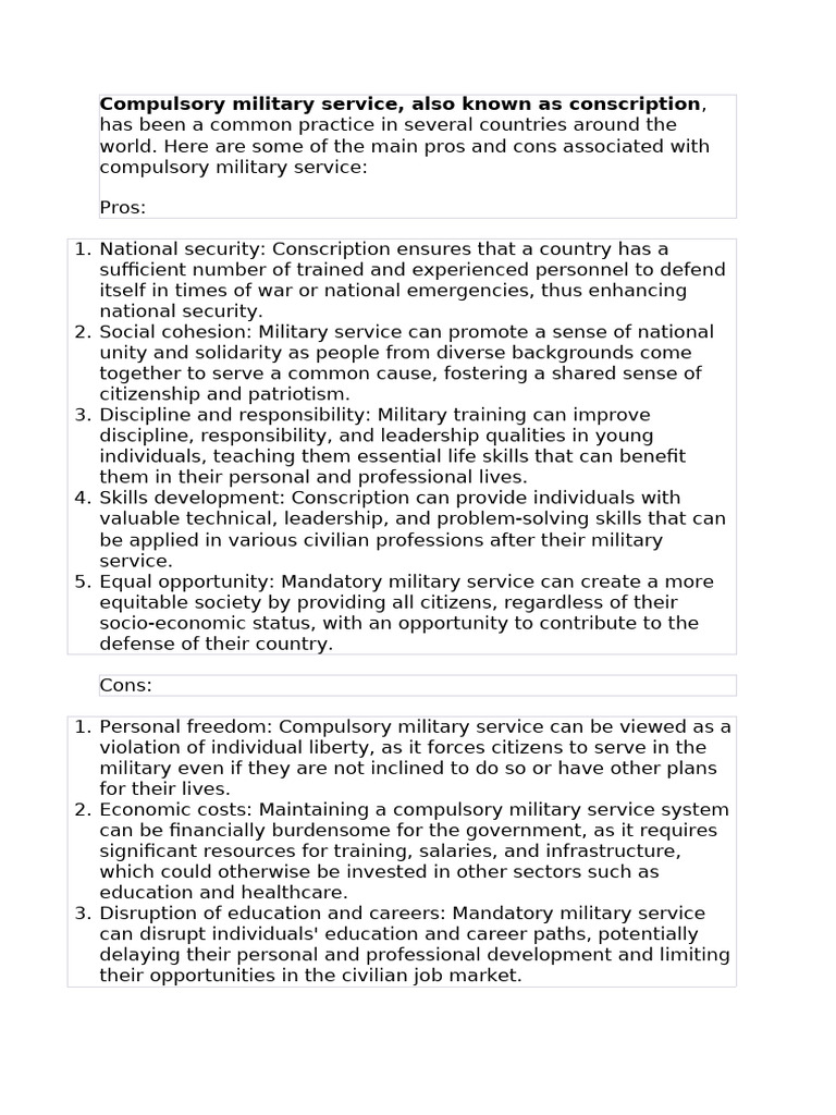 Pros and Cons of Compulsory Military Service | PDF | Conscription ...