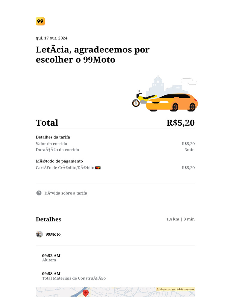 Recibo de Corrida 99Moto - R$5,20 | PDF