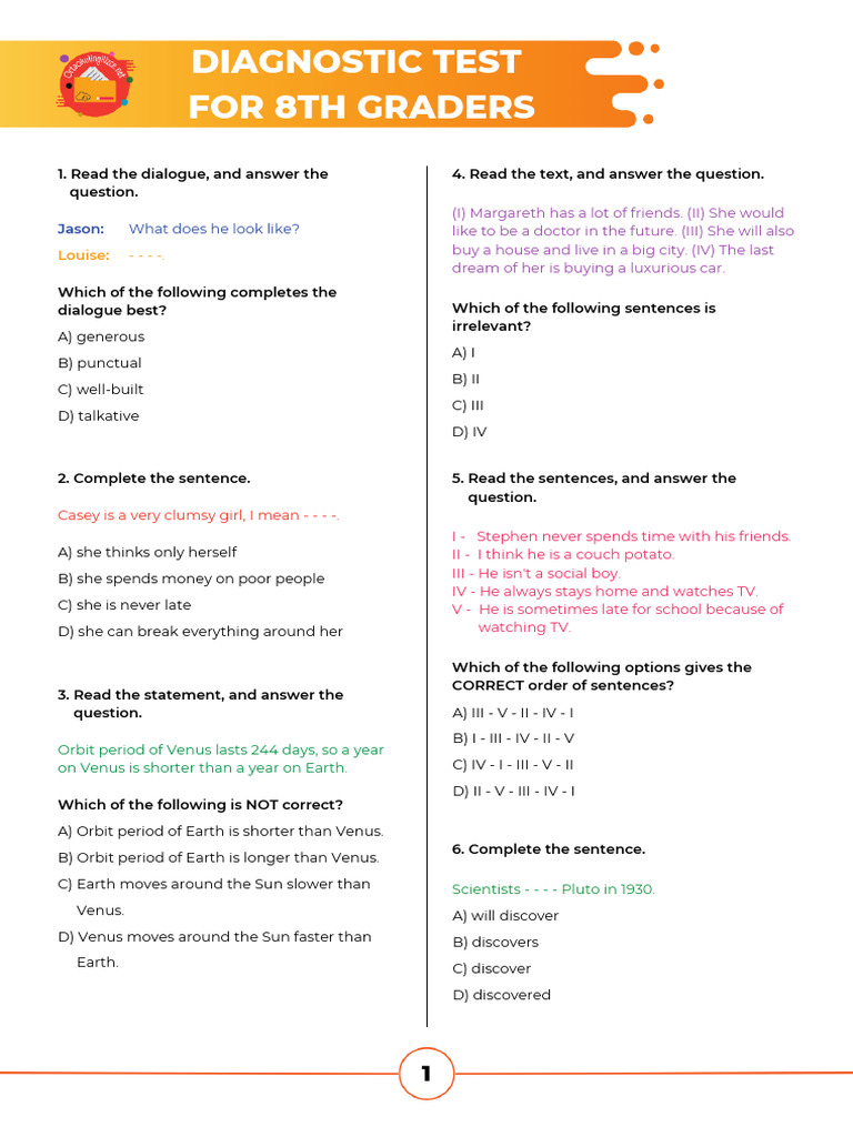 8th Grade Diagnostic Test Questions | PDF | Earth | Venus