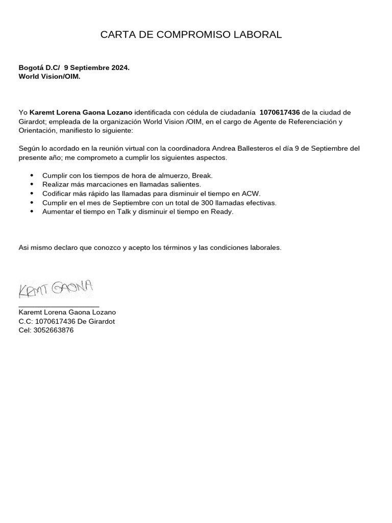 Carta de Compromiso Laboral | PDF | Finanzas y dinero | Derecho