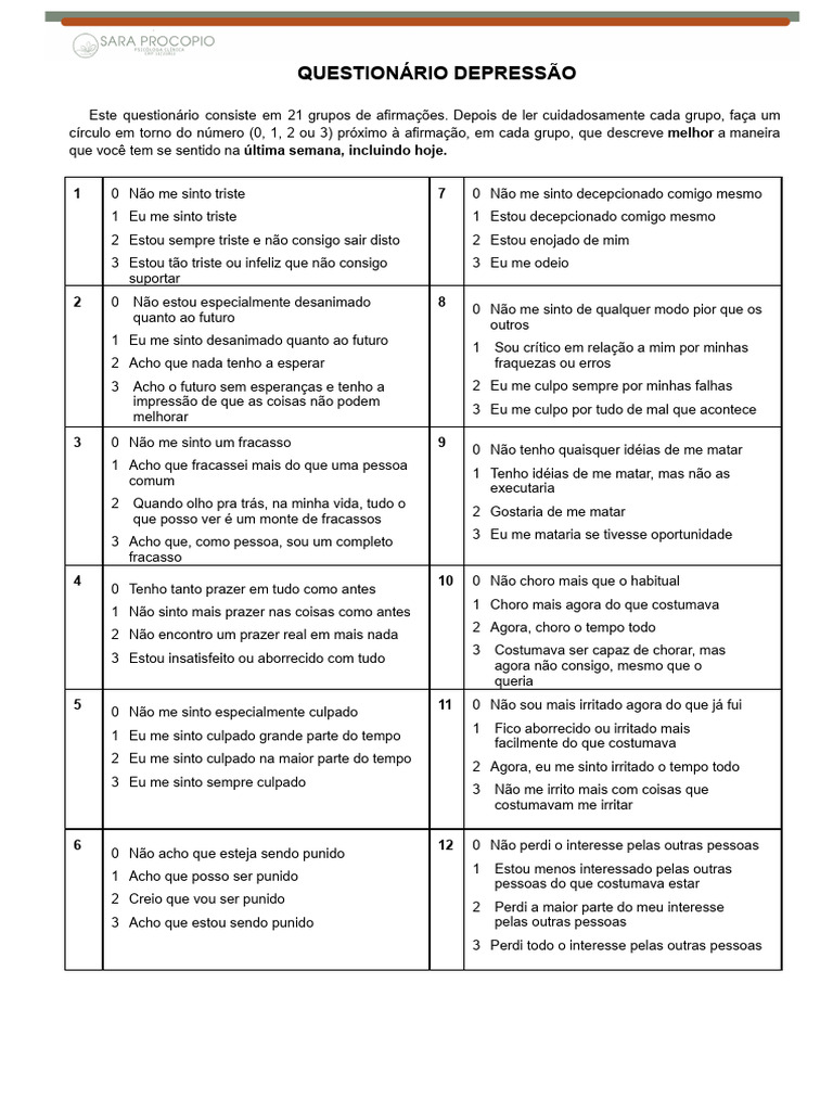 Questionário de Avaliação da Depressão | PDF
