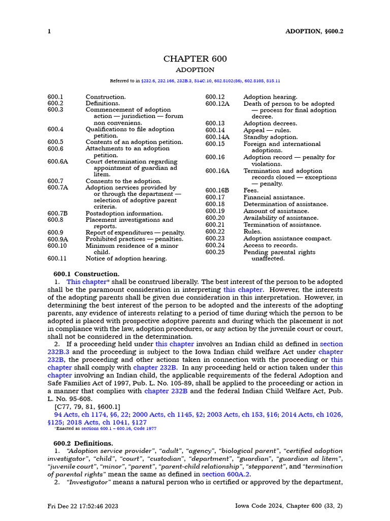 Iowa Adoption Code Overview | PDF | Legal Guardian | Criminal Record