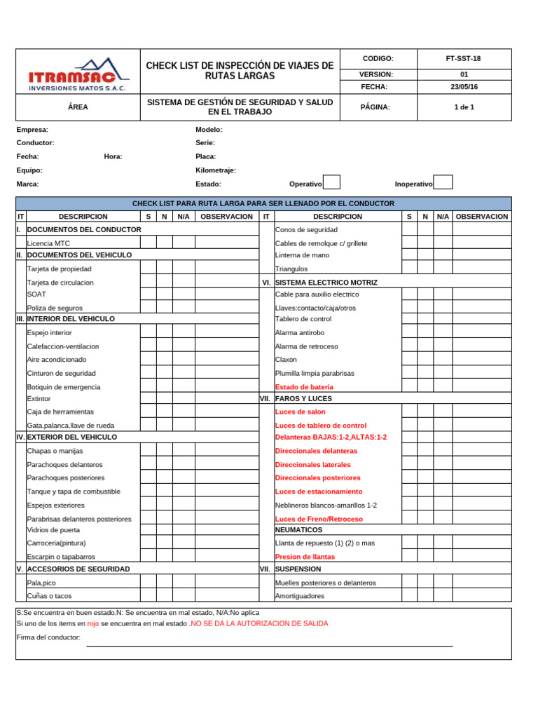 Check List Inspección Ruta Larga Conductor | PDF | Tecnologías ...
