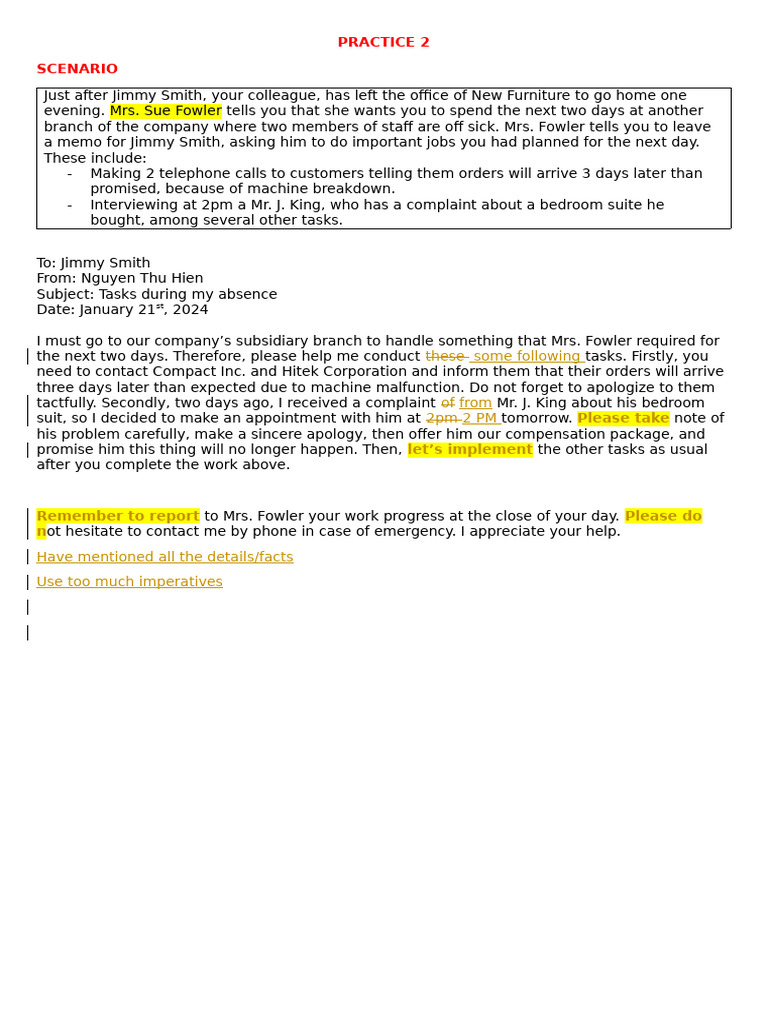 Memo for Tasks During Absence | PDF