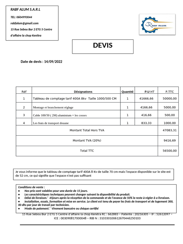 Devis pour tableau de comptage aluminium | PDF