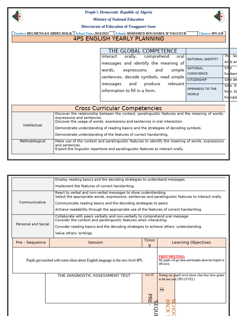 4PS English Yearly Planning 2024 | PDF | Phonics | Vocabulary