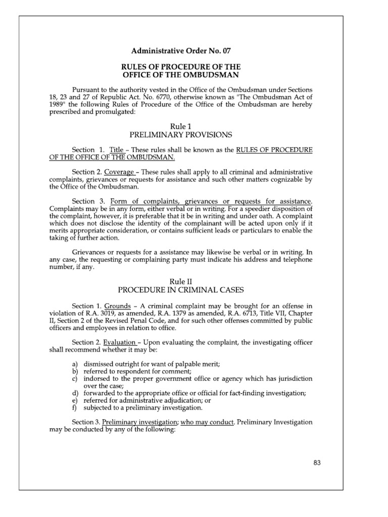 Rules of Procedure of The Office of The Ombudsman | PDF