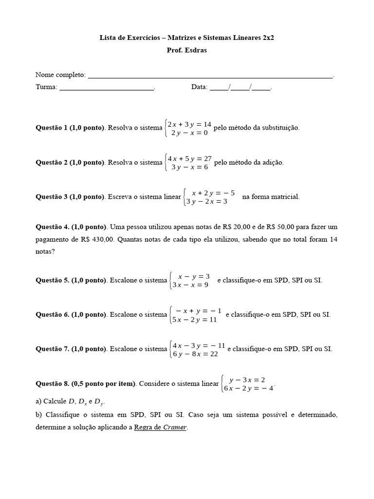 Exercícios de Sistemas Lineares 2x2 | PDF