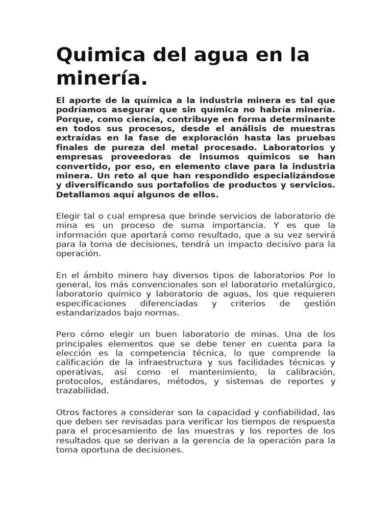 Quimica Del Agua en La Minería | PDF | Minería | Laboratorios