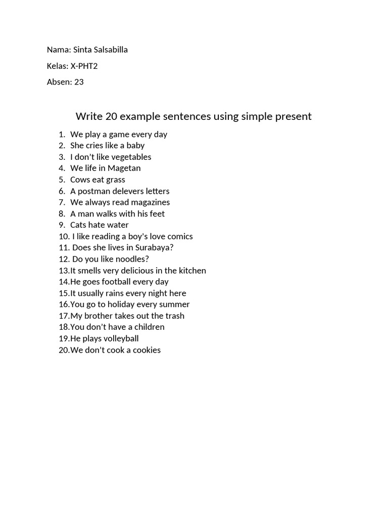 20 Simple Present Tense Examples | PDF | Cooking, Food & Wine ...
