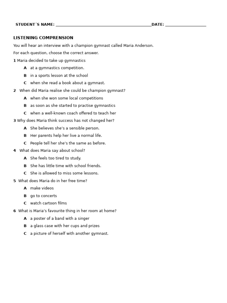LISTENING COMPREHENSION interview with a champion gymnast | PDF
