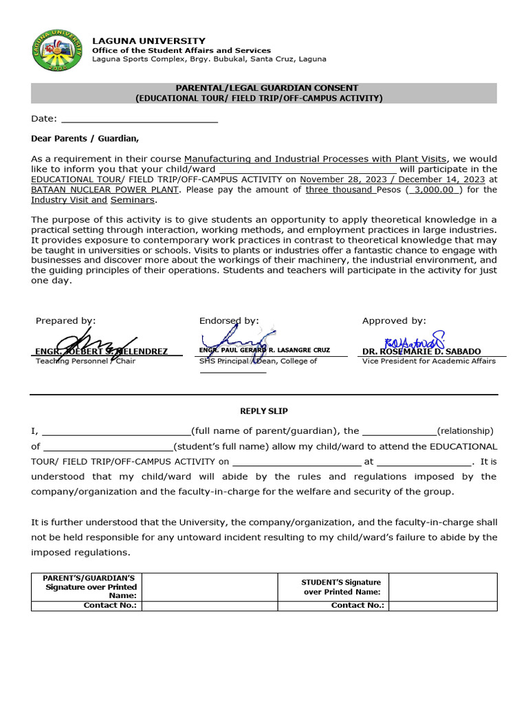 Consent for Educational Tour to Bataan | PDF | Career & Growth