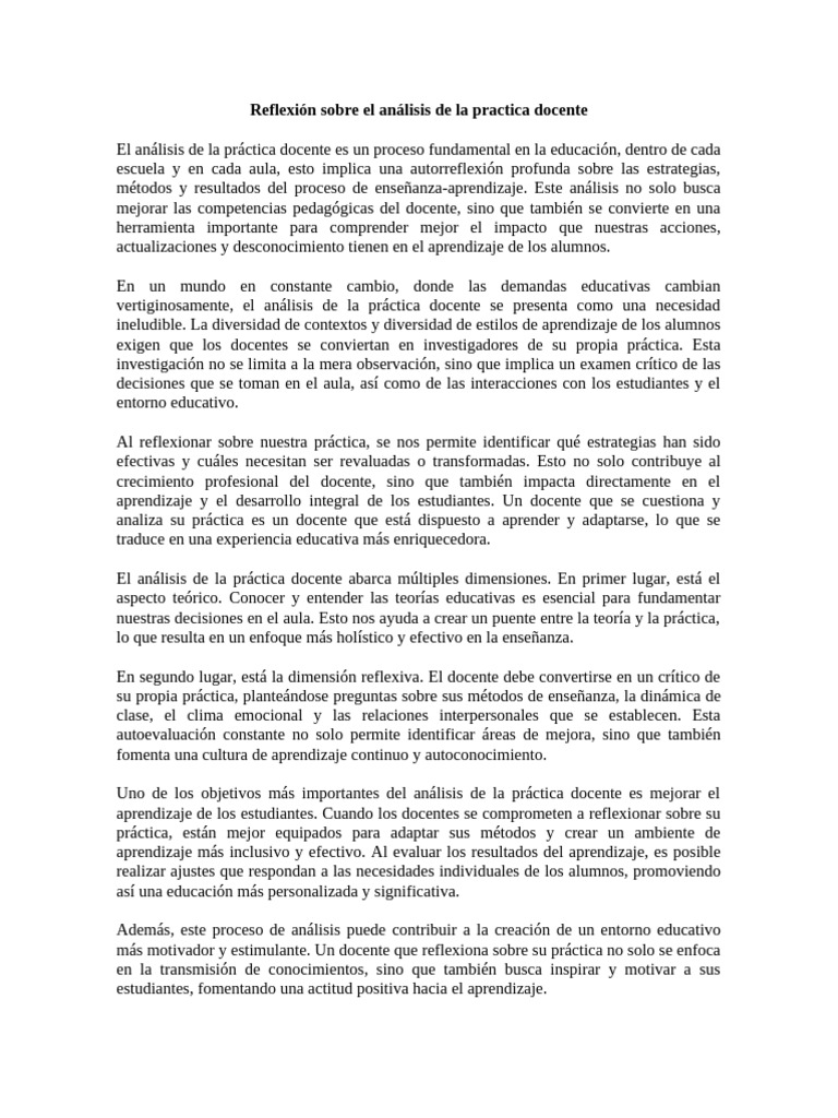 Reflexión Sobre El Análisis de La Practica Docente | PDF | Maestros ...