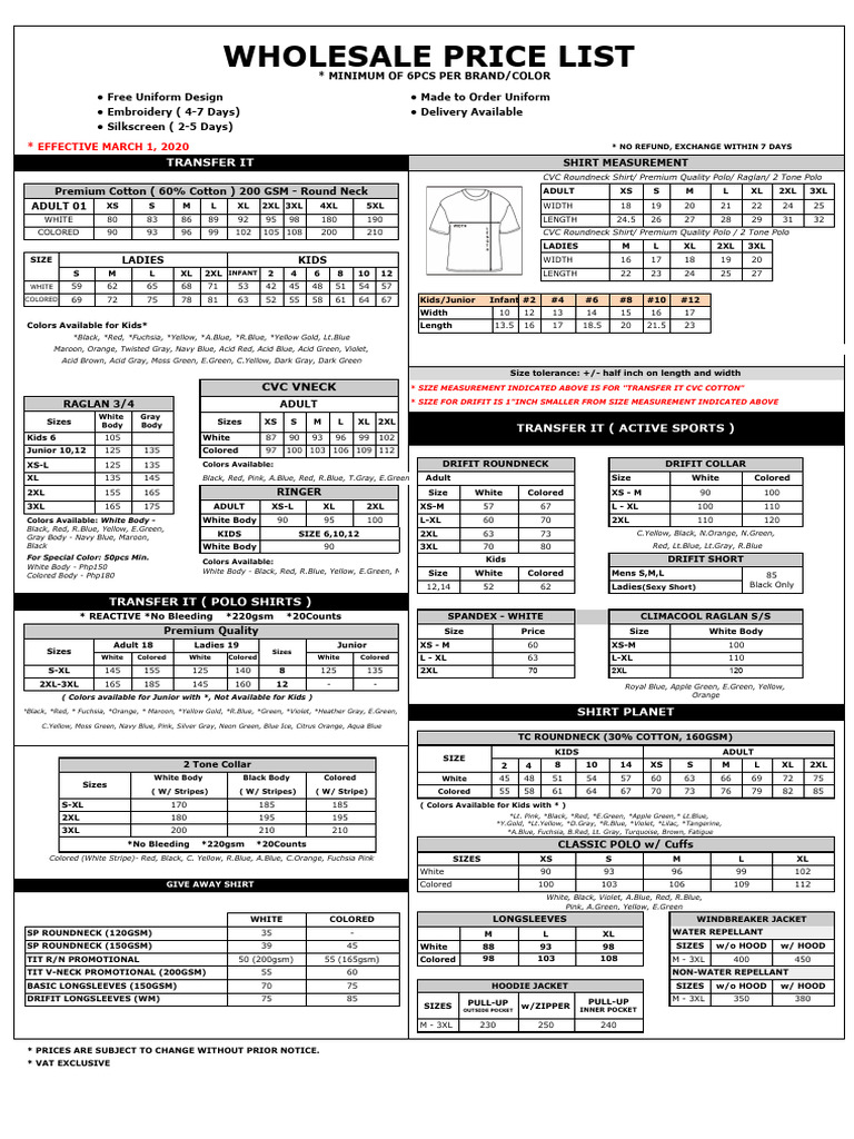 Wholesale Pricelist Feb 2020 | PDF | Color | Visual Perception