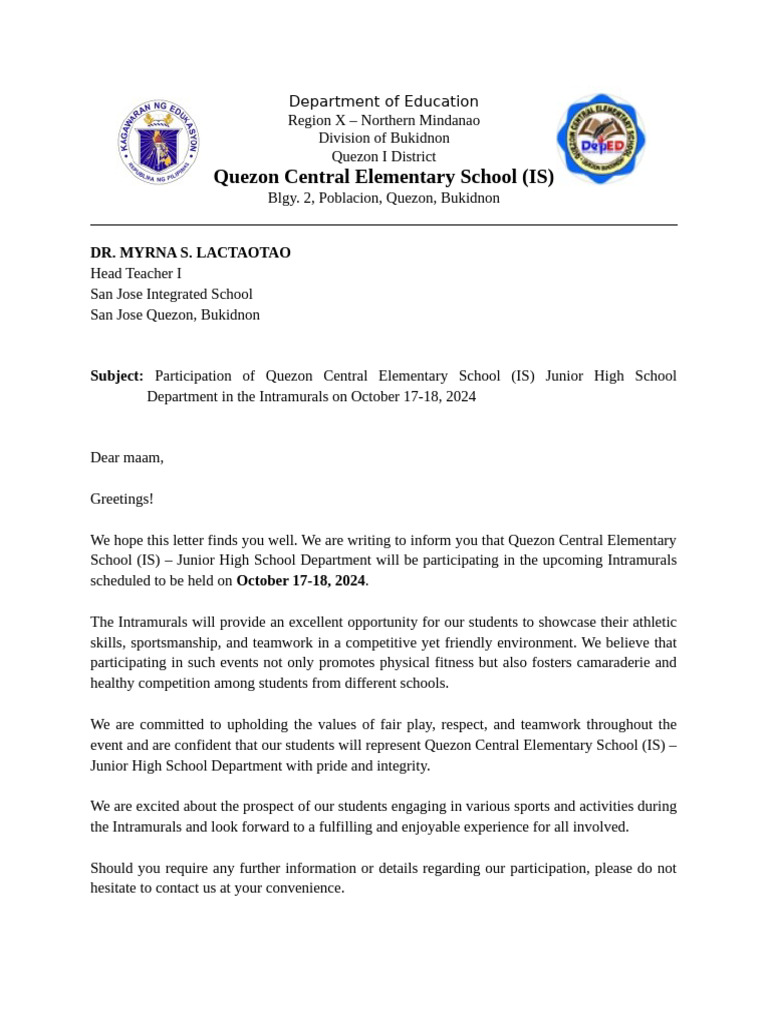 Intrams Letter | PDF | Teaching | Behavior Modification