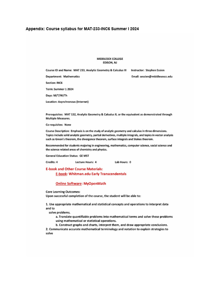 MAT-233-INC6 Syllabus Summer 2024 | PDF
