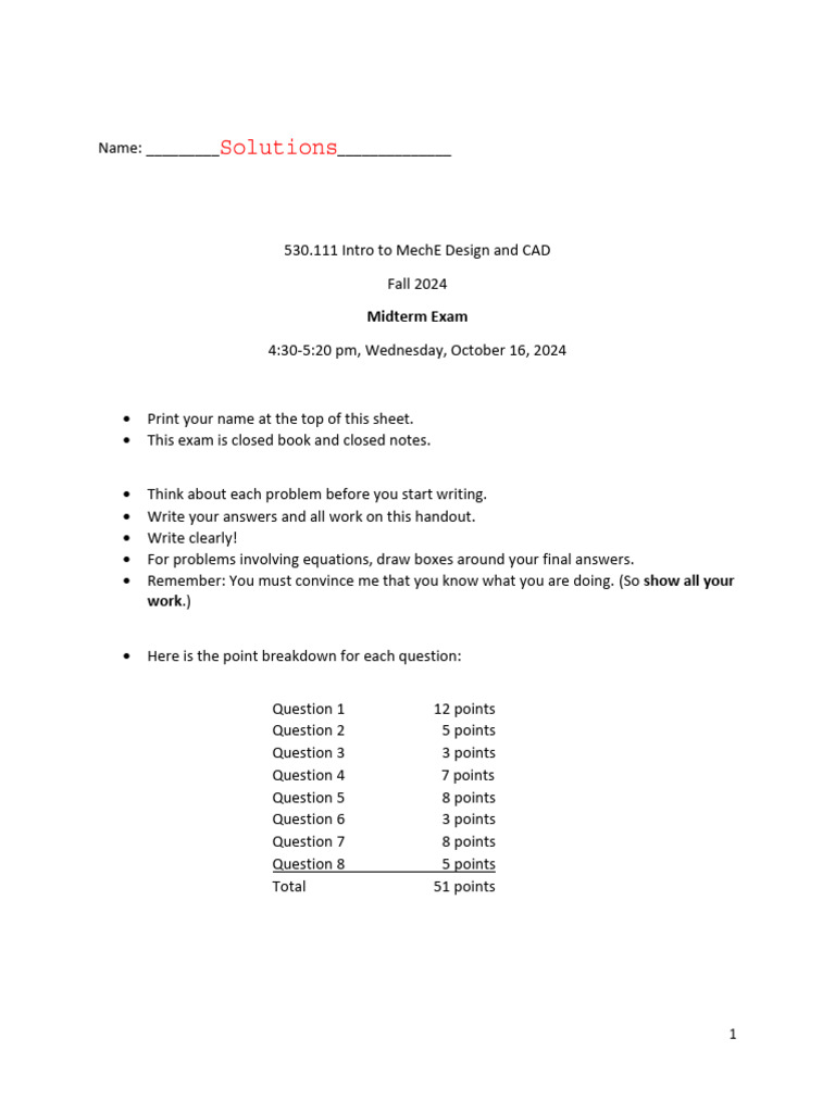 2024 Intro To MechE Design and CAD Midterm Exam - Solutions | PDF ...