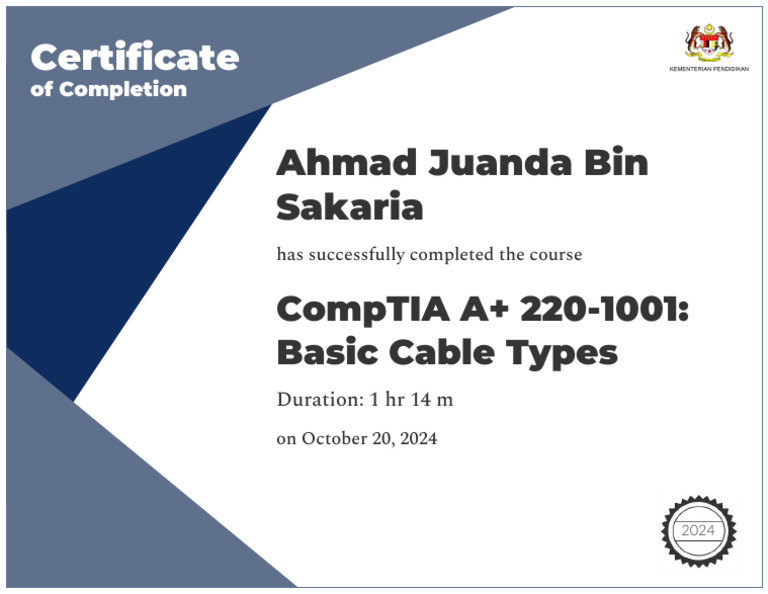 CompTIA A+ 220-1001 Completion Certificate | PDF