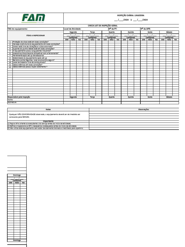 Checklist - Lixadeira | PDF | Negócios | Tecnologia e Engenharia